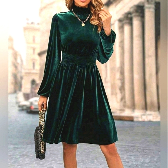 * New Luxe Velvet Smocked Turtleneck Dress Dark Green - Picture 4 of 8